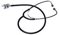 Stethoscope coiled on white background for medical or dental practice.