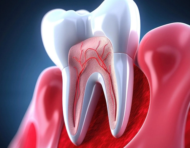 3D dental illustration showing tooth cross-section with inflamed red gum tissue and internal anatomy.