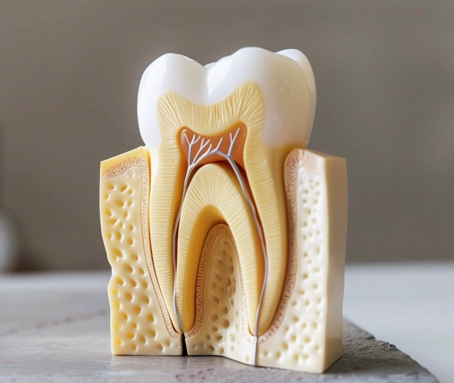 Anatomical dental model showing cross-section of tooth structure with crown, pulp, and root canal.