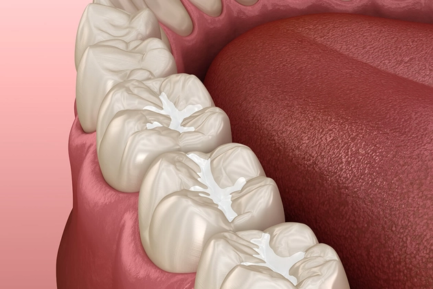 Close-up of dental crowns or restorations on natural teeth against pink background.