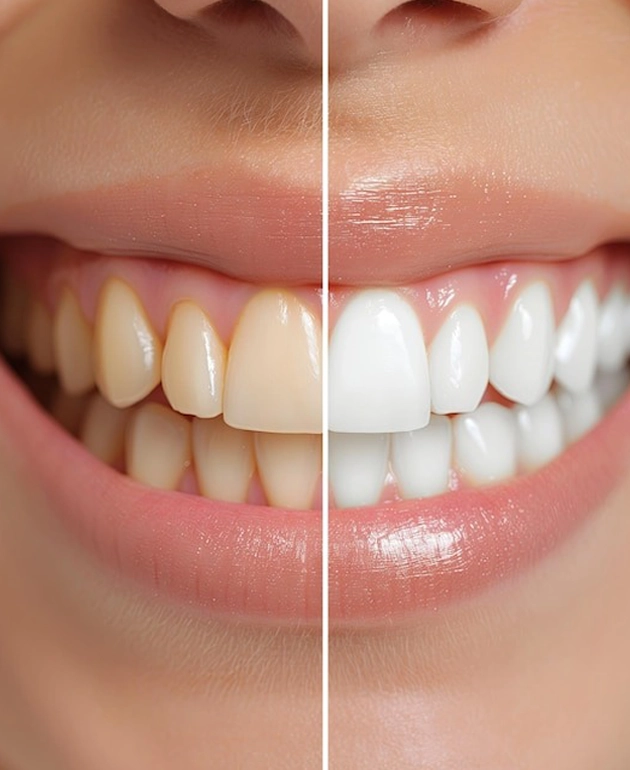 Before and after teeth whitening comparison showing yellowed teeth transformed to bright white teeth