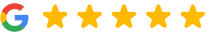 Google logo with five gold stars representing excellent customer ratings for Okun Dentistry.